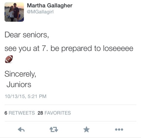 Junior class president, Martha Gallagher, gets in on the beef with this letter to the seniors.