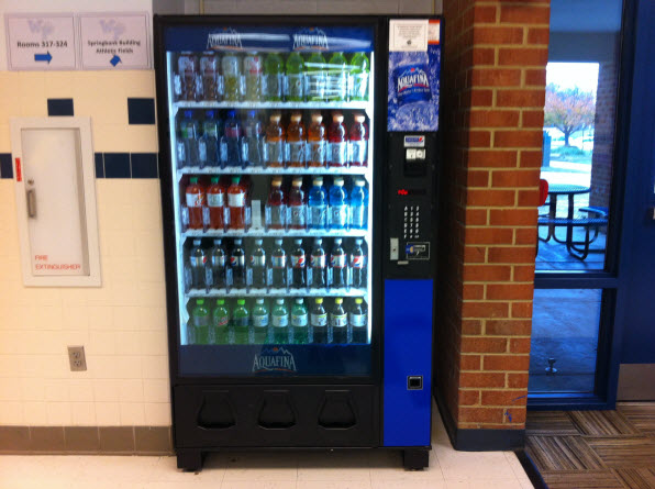 One of the new drink machines, stocked with diet sodas, flavored waters, and juices