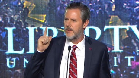 (Courtesy cnn.com) Jerry Falwell Jr. speaking at convocation at Liberty University.