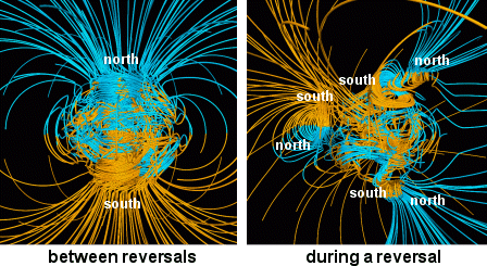 An image of the magnetic field before and during the reversal, created by parallel supercomputers at the Pittsburgh Supercomputing Center and the Los Alamos National Laboratory.
