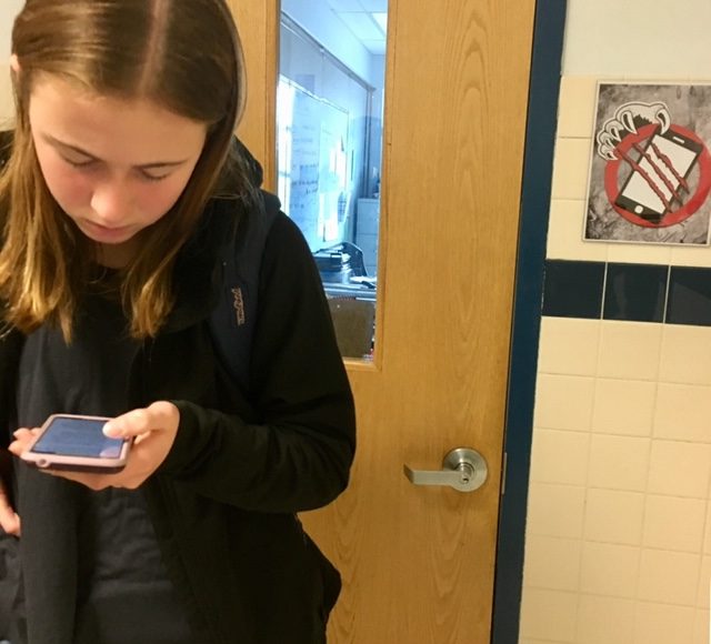 Adeline Sauer, sophomore, checks her phone before class begins. 