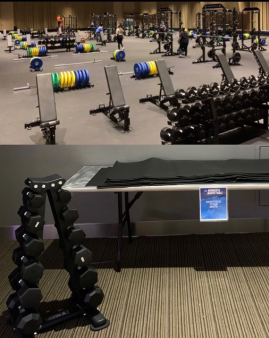The bottom image is the women's weight room and equipment, and the top image is the men's weight room. 