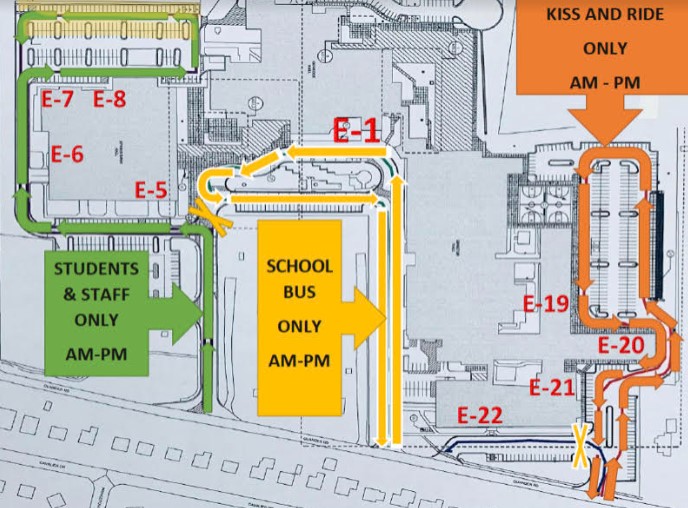Yellow highlighted portion of the Student and Staff lot is where students are permitted to park this week.