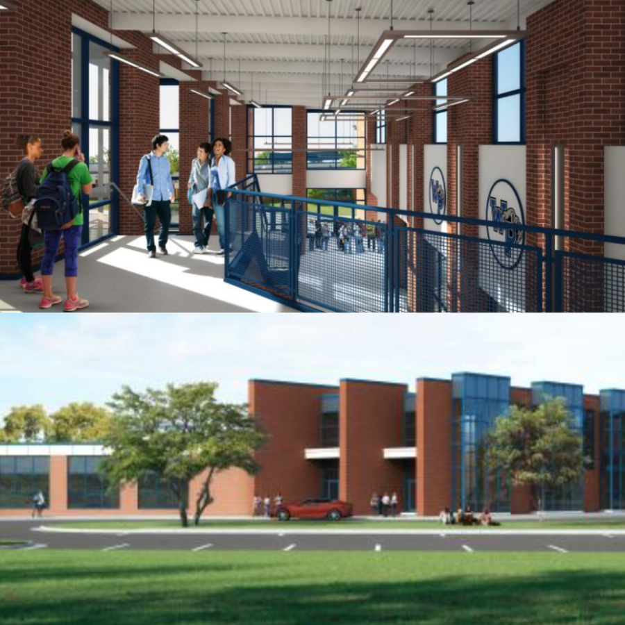 Images from fcps.edu: West Potomac High Capital Project, showing interior and exterior of the new addition.