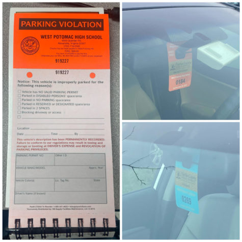 Left Image: parking ticket
Top Right Image: what a staff parking pass looks like (orange)
Bottom Right Image: what a student parking pass looks like (blue)