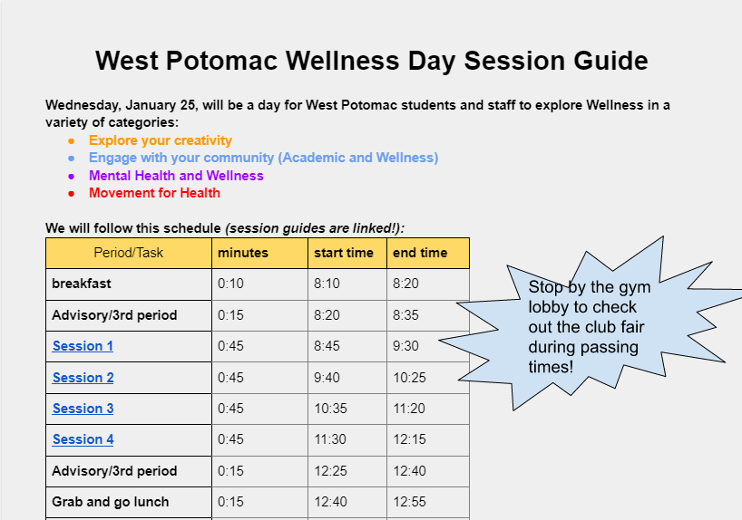 Wellness Day schedule (Credit: Janelle Kwatia)