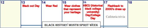 Calendar for Black History Month Spirit Week, found on the West Potomac HS website