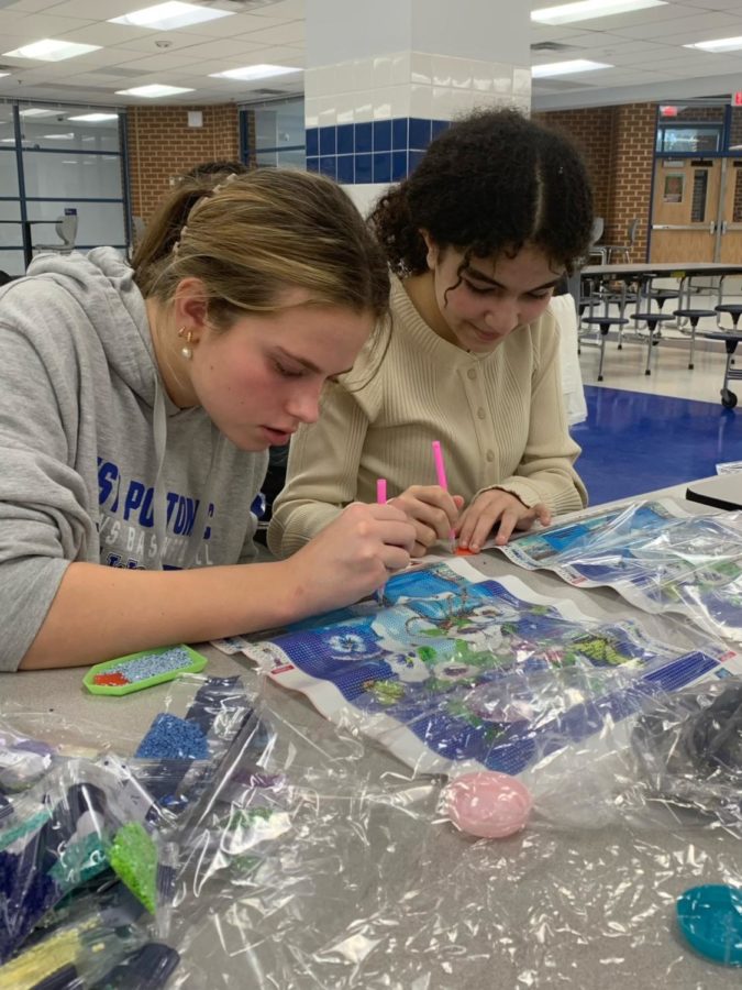 Freshman Lily Rasser and Maria Taha unleash their creativity during the diamond painting session
Photo: Janelle Kwiatia