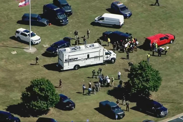 A photo of the police response to the Apalachee High School shooting. Two students and two teachers were fatally shot by 14 year old Colt Gray.