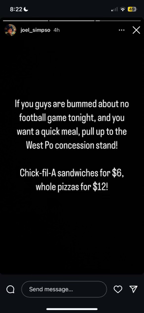 Screenshot of an Instagram story posted the night of the canceled game between West Po and South County