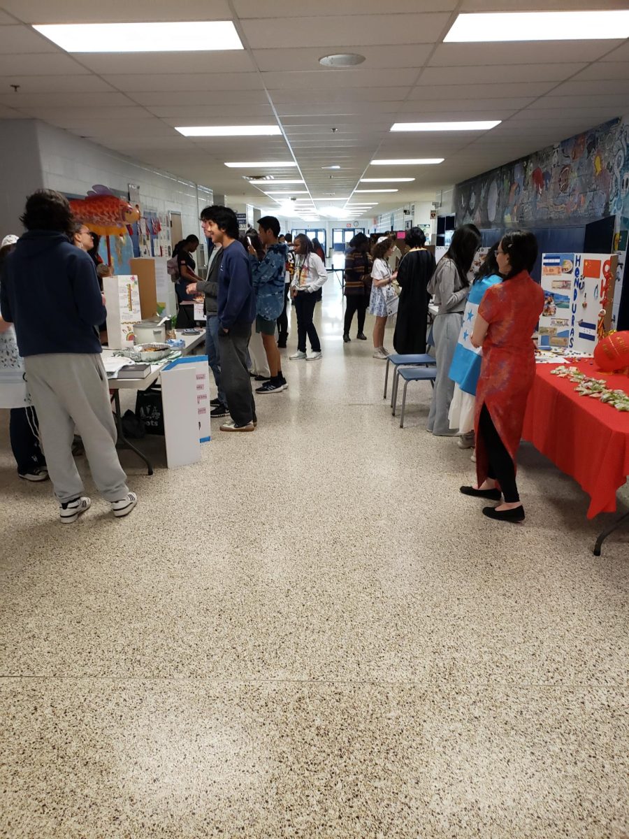 Students view the different stands International Night.