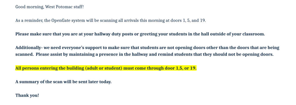 Screenshot of an email sent to West Potomac staff Thursday morning, April 24
