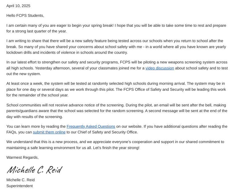 Screenshot of an email sent April 10, 2025, to the FCPS community.