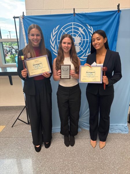 L. to R. Junior Madison Seyfert, sophomore Nora Fitzpatrick and junior Annalise Richardson teamed up to win “Best School” at the Lightridge Model UN Conference: a small but mighty team.  Photo: 