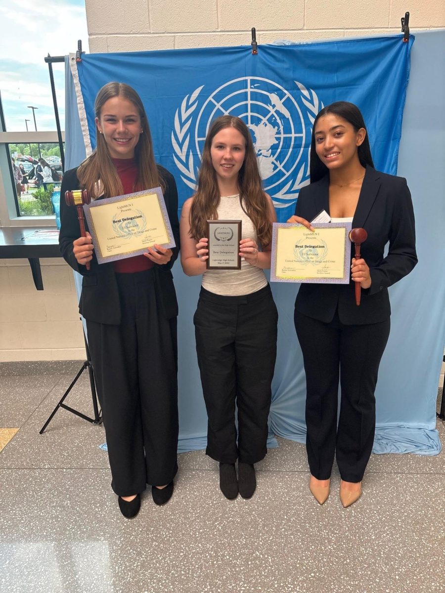 L. to R. Junior Madison Seyfert, sophomore Nora Fitzpatrick and junior Annalise Richardson teamed up to win “Best School” at the Lightridge Model UN Conference: a small but mighty team.  Photo: 