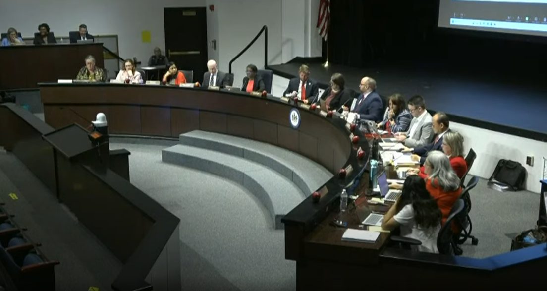 Screenshot of video footage of May 8 school board meeting by Fairfax County Public Schools