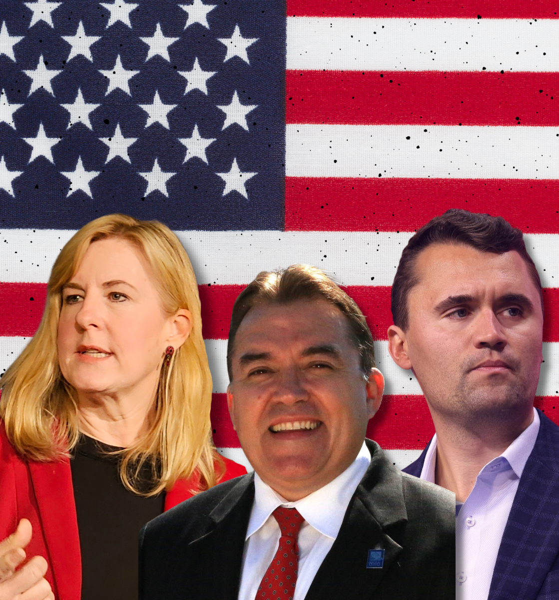 Emerita Melissa Hortman (left), John Hoffman (middle), and Charlie Kirk (right).