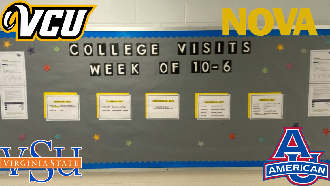 West Potomac college visit board, updates made every week informing students of upcoming visits.