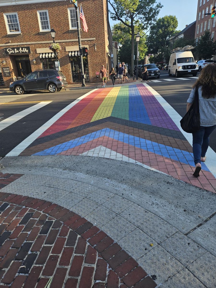 A crosswalk in Old Town painted as a pride flag.