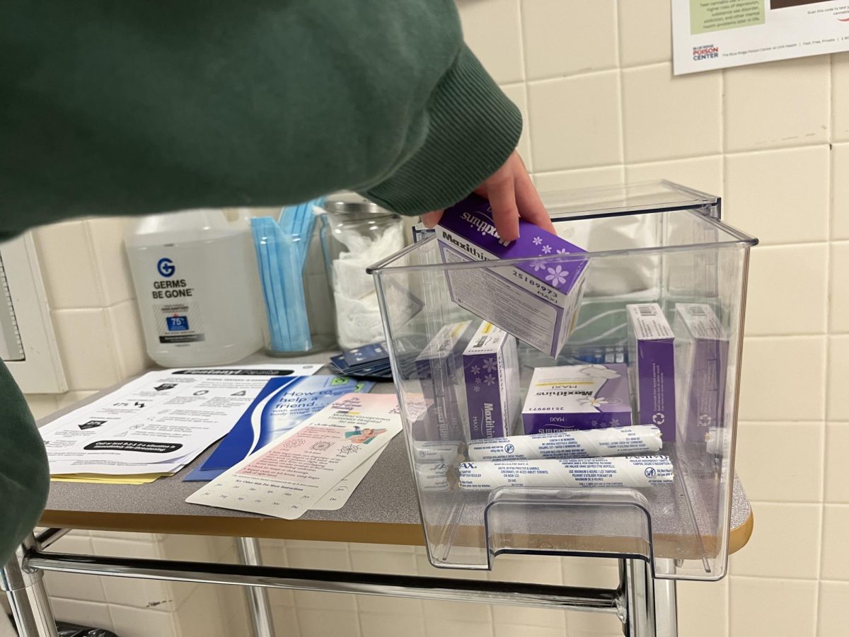 Period products are stocked in front of the clinic and are available to all students.                    