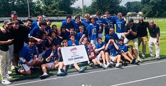 The boys lacrosse team, pictured here after winning the State Championship in 2025, has benefit from leadership activities. As of now, they in the hunt for a repeat. 
